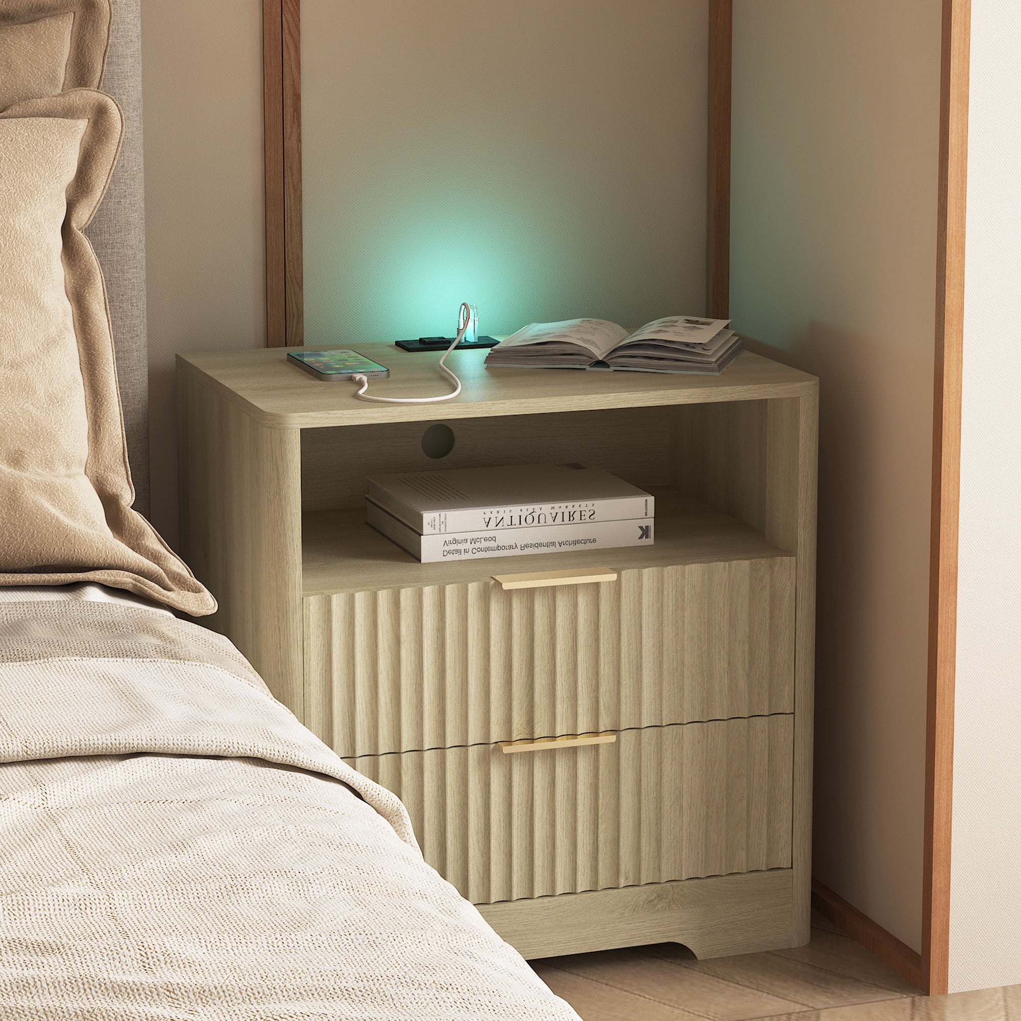 Aukfa Smart 2 Drawer Nightstand with Voice Control & Charging Station,7-Color LED Bedside Table for Bedroom,Natural