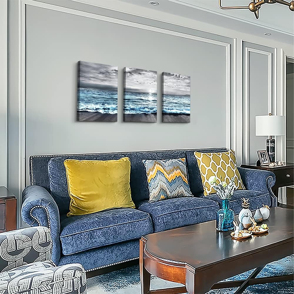 Wall Decorations For Living Room 3 Piece Framed Canvas Wall Art For Bedroom Office Wall Decor Black And White Wall Painting Blue Ocean Sea Wave Pictures Artwork For Modern Beach Posters Home Decor
