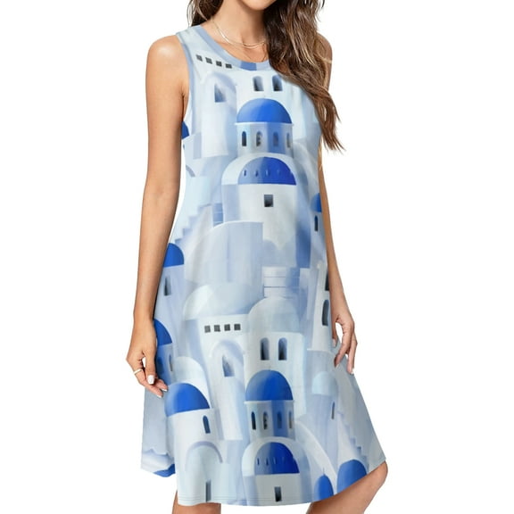 Santorini island in the Greece Spring Summer Dresses for Women Fashion T-shirt Dress Casual Sleeveless Loose Sundress with Pockets