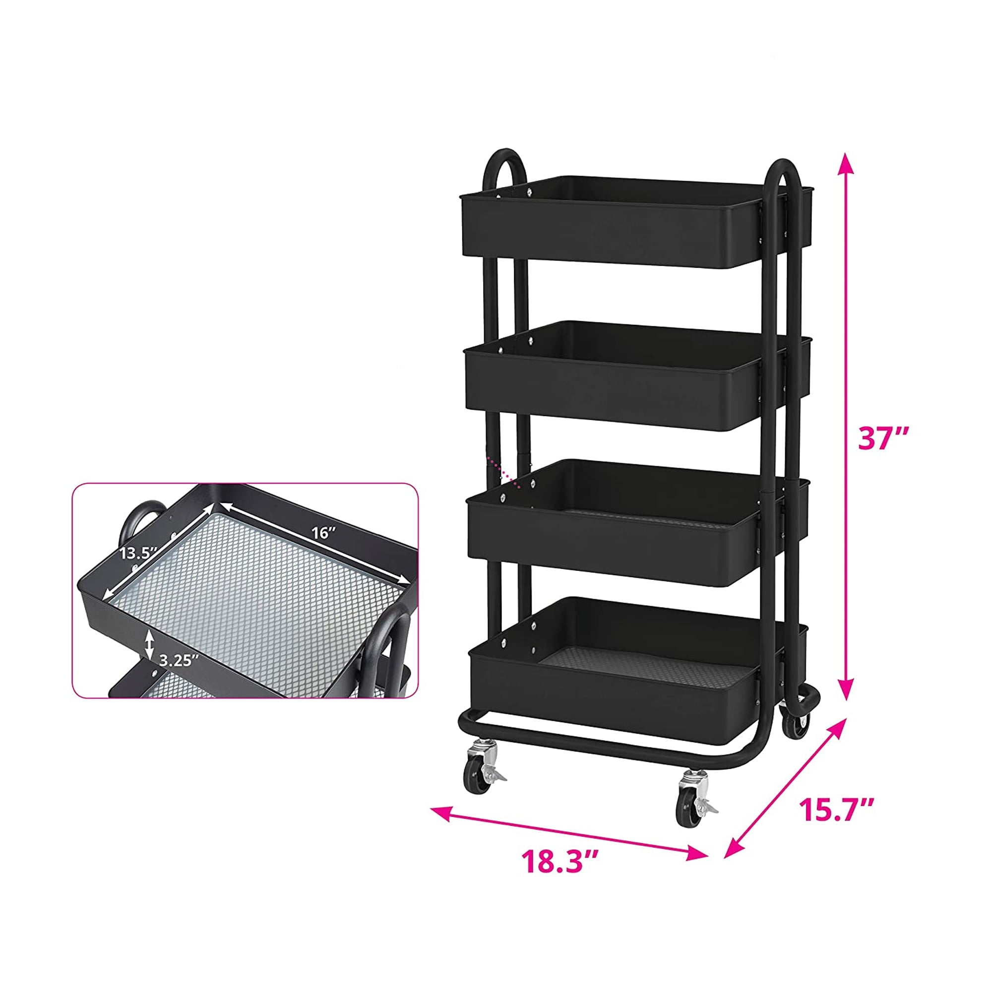 ECR4Kids 4 Tier Metal Rolling Storage Organizer Utility Cart w/ 4 ...