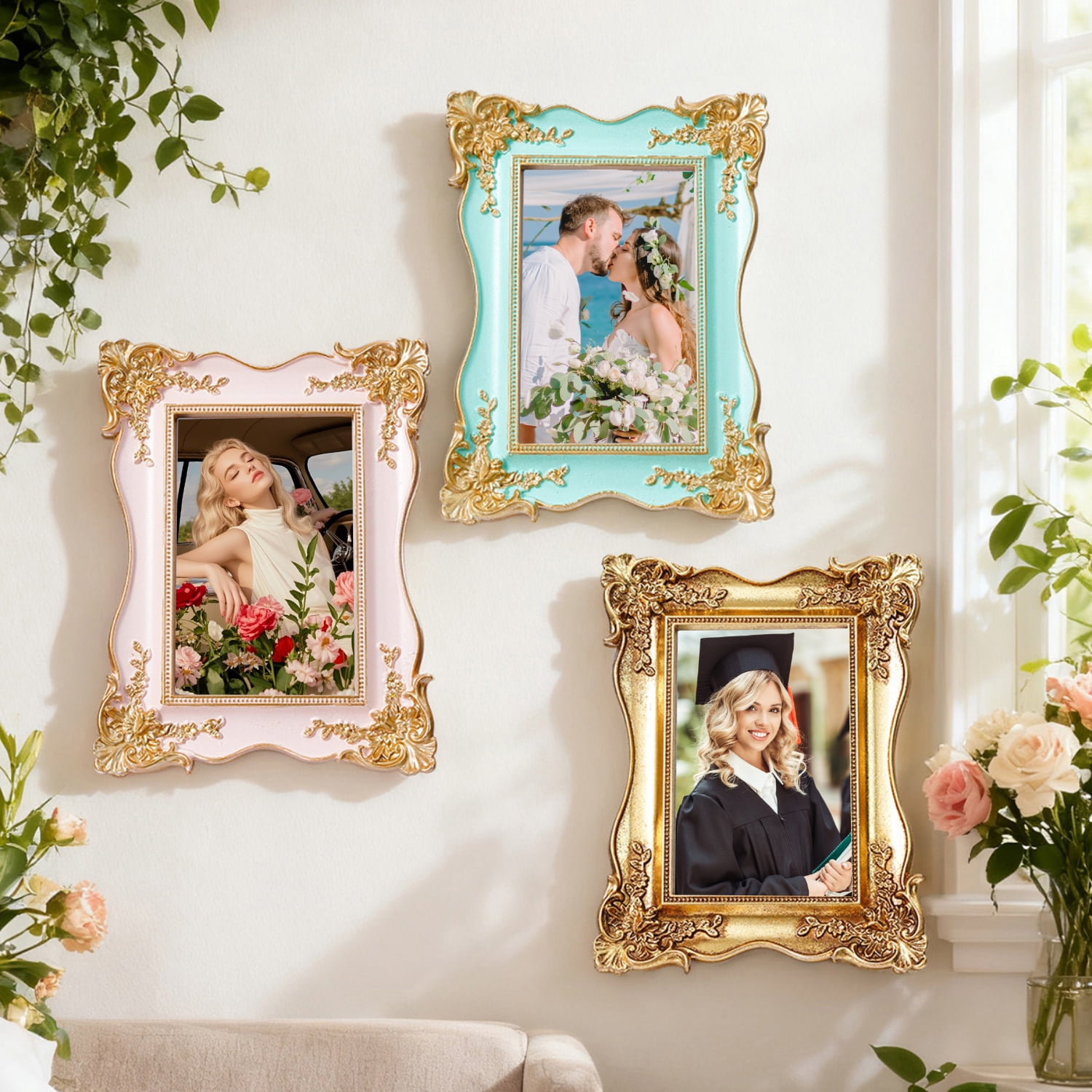 4x6in Vintage Ornate Picture Frame, French Rococo Style Resin Tabletop Photo Frame with Stand, Gold Relief Floral Design, Desktop Decor,Pink