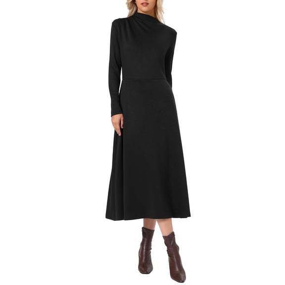 INSPIRE CHIC Fall Ribbed Knit Dresses for Women Mock Neck Casual Long Sleeve Maxi Dress S Black