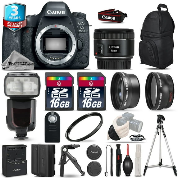 Canon EOS 6D Mark II DSLR Camera + 50mm+ Flash+ 32GB + EXT BATT +3yr Warranty