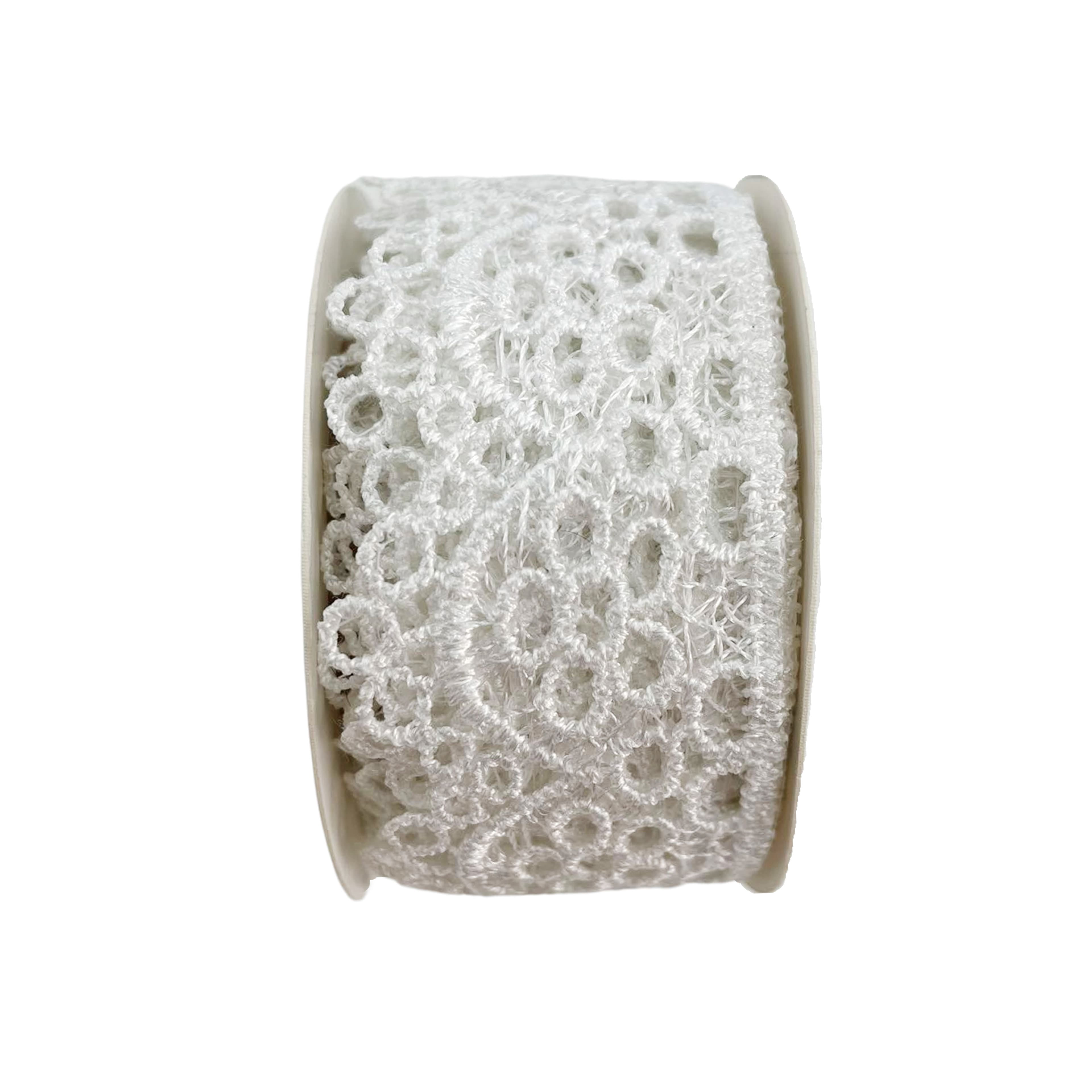 1.5" x 3yd White Lace Flower Ribbon by Celebrate It – Delicate Polyester Floral Pattern - Ideal for Crafts & Gift Decor - 12 Pack