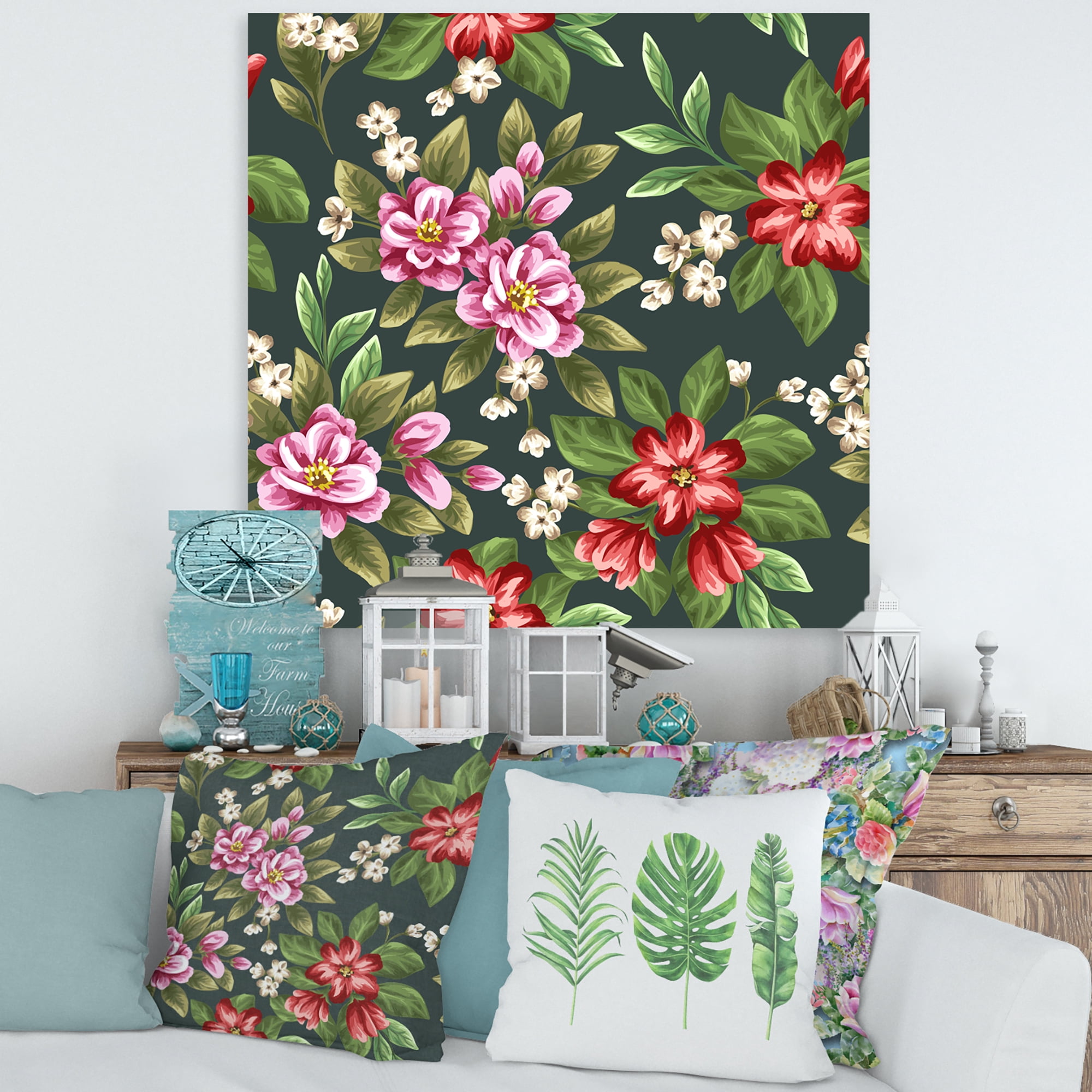 Designart ' Vintage Red and Pink Wildflowers I ' Traditional Canvas Wall Art Print