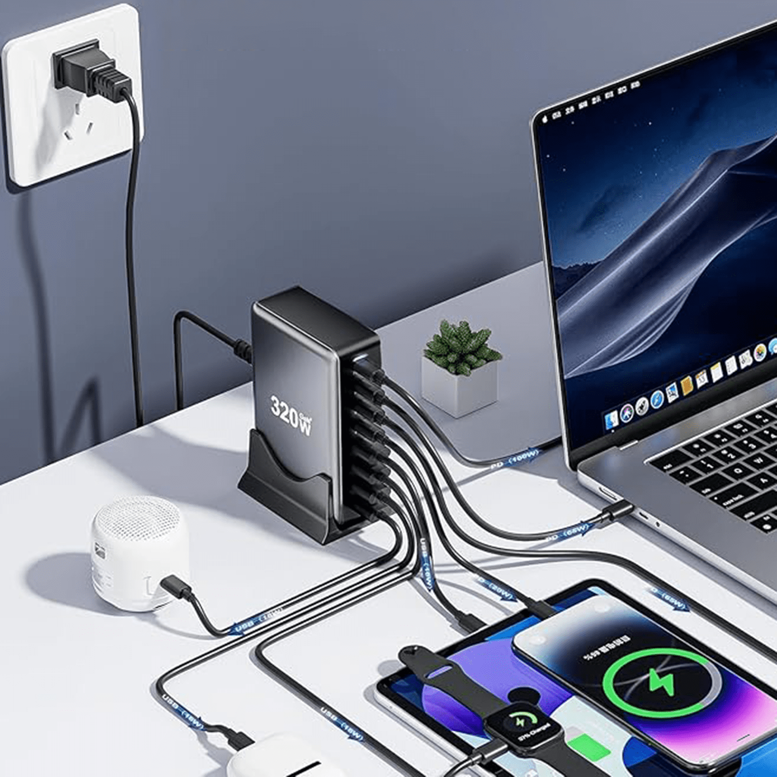 320W GaN 10-Port USB Type C Charging Station, 100W PD3.0 + QC3.0 Fast Charger Hub for Laptop, Phone, Tablet, Smartwatch - Safe & Reliable