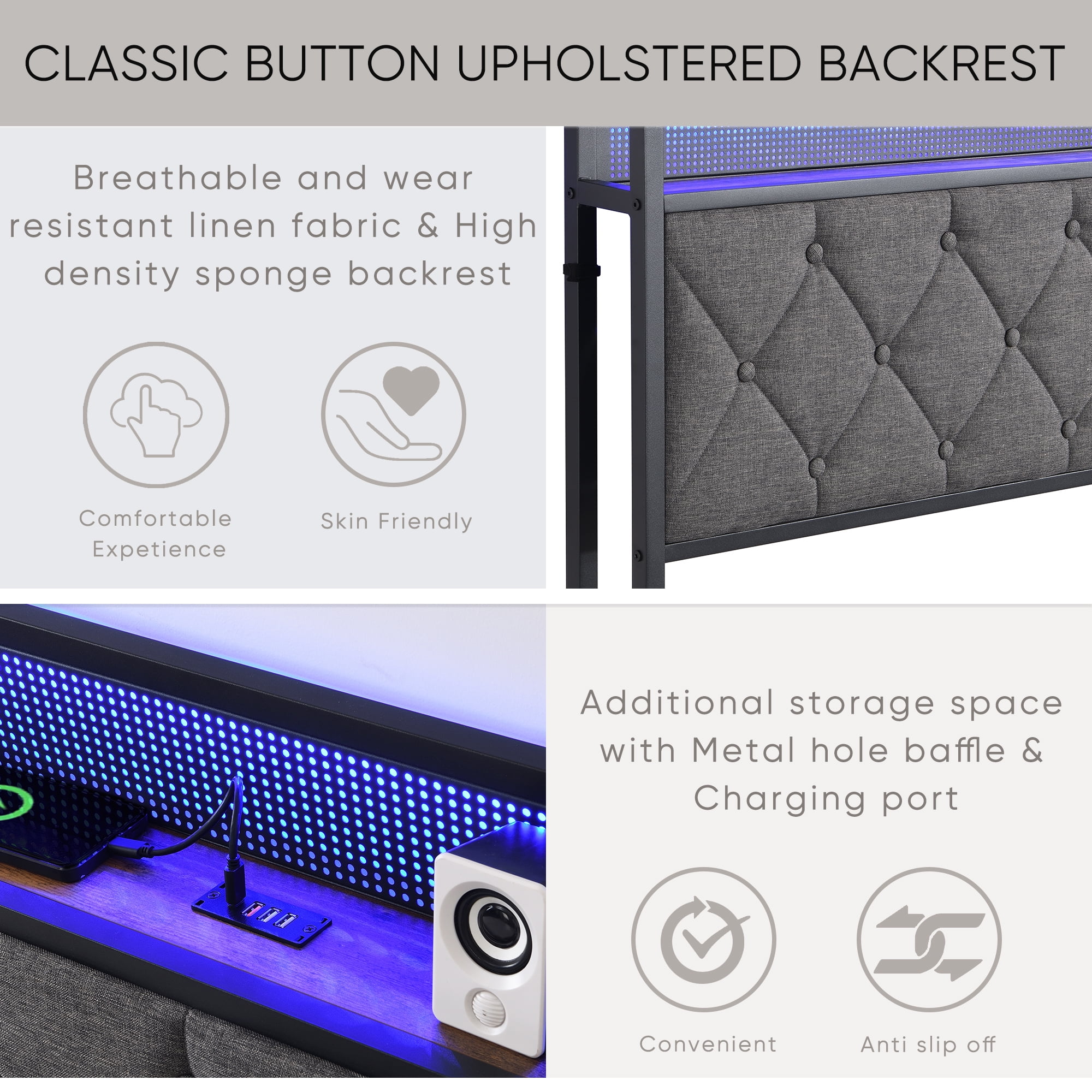 Miniyam King Size Upholstered Platform Bed Frame with 3 USB Ports & LED Lights for Adult, Light Gray