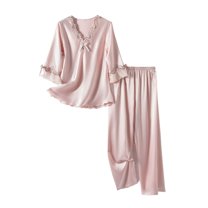SWSMCLT Women's Bow Knot Pajamas Set Crochet Falbala Deep V Neck Elastic Band Fall Matching Set Chic Loungewear Pink Medium