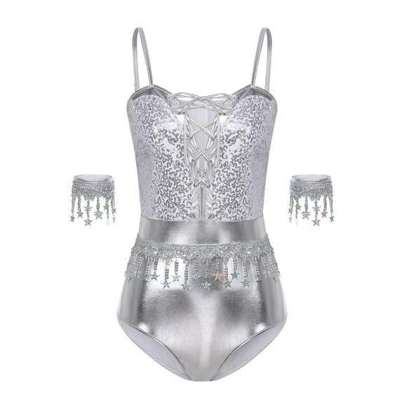 Women Shiny Disco Party Pole Dance Bodysuit Spaghetti Straps Front Lace-up Sequins Tassels