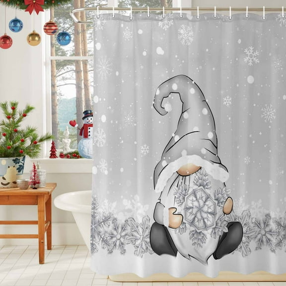 Shower Curtain Bathroom Set Christmas Gnome Winter Snow Waterproof Fabric Shower Curtains with Grommets&Hooks White Snowflakes Gray Back Privacy Bath Curtain for Bathtub 36x72in