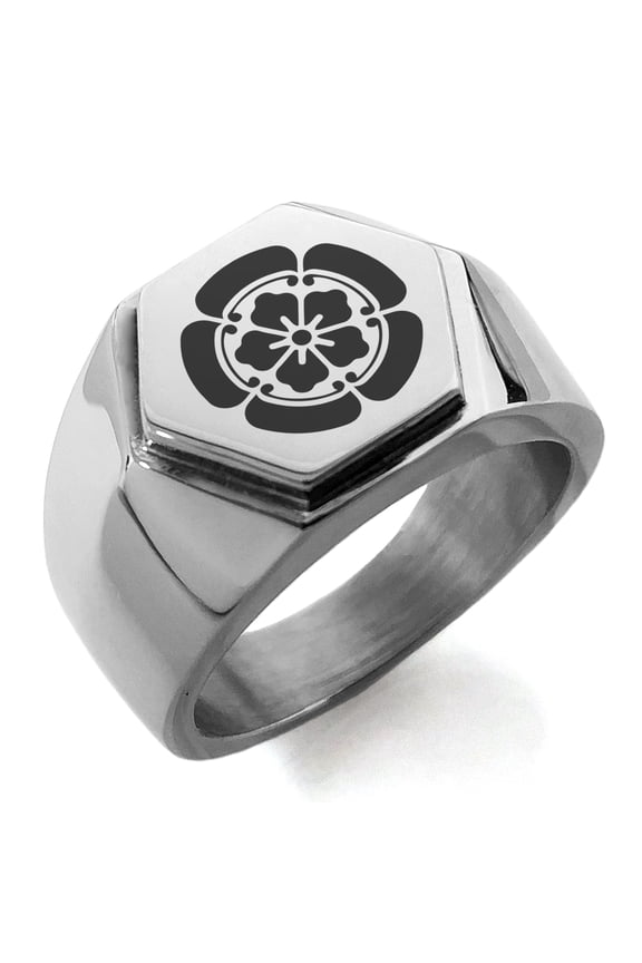 Stainless Steel Nobunaga Oda Samurai Crest Engraved Hexagon Crest Flat Top Biker Style Polished Ring
