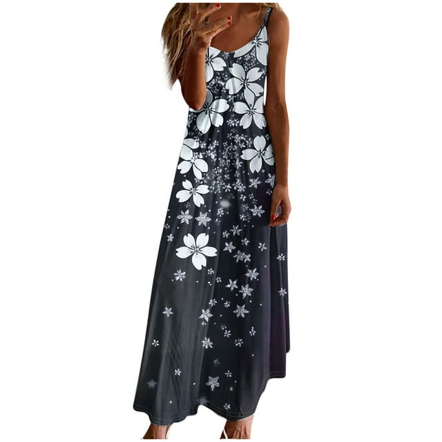 Staron Liquidation Robes d'Été pour Femmes 2025 Longues Fluides Florales Mode Col en V Robe d'Été Décontractée Bohème Printemps Ample à Bretelles Spaghetti Plage Vacances Robes