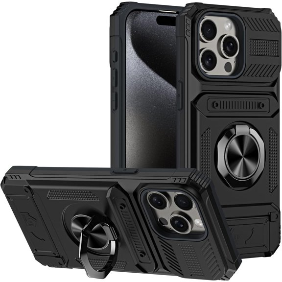 Case for iPhone 16 Pro Max,TPU PC [Built-in Magnetic Kickstand] with Card Holder Dual-Layer Design Heavy Duty Shockproof Protection Phone Case for iPhone 16 Pro Max,6.9 Inch 2024 (Black)