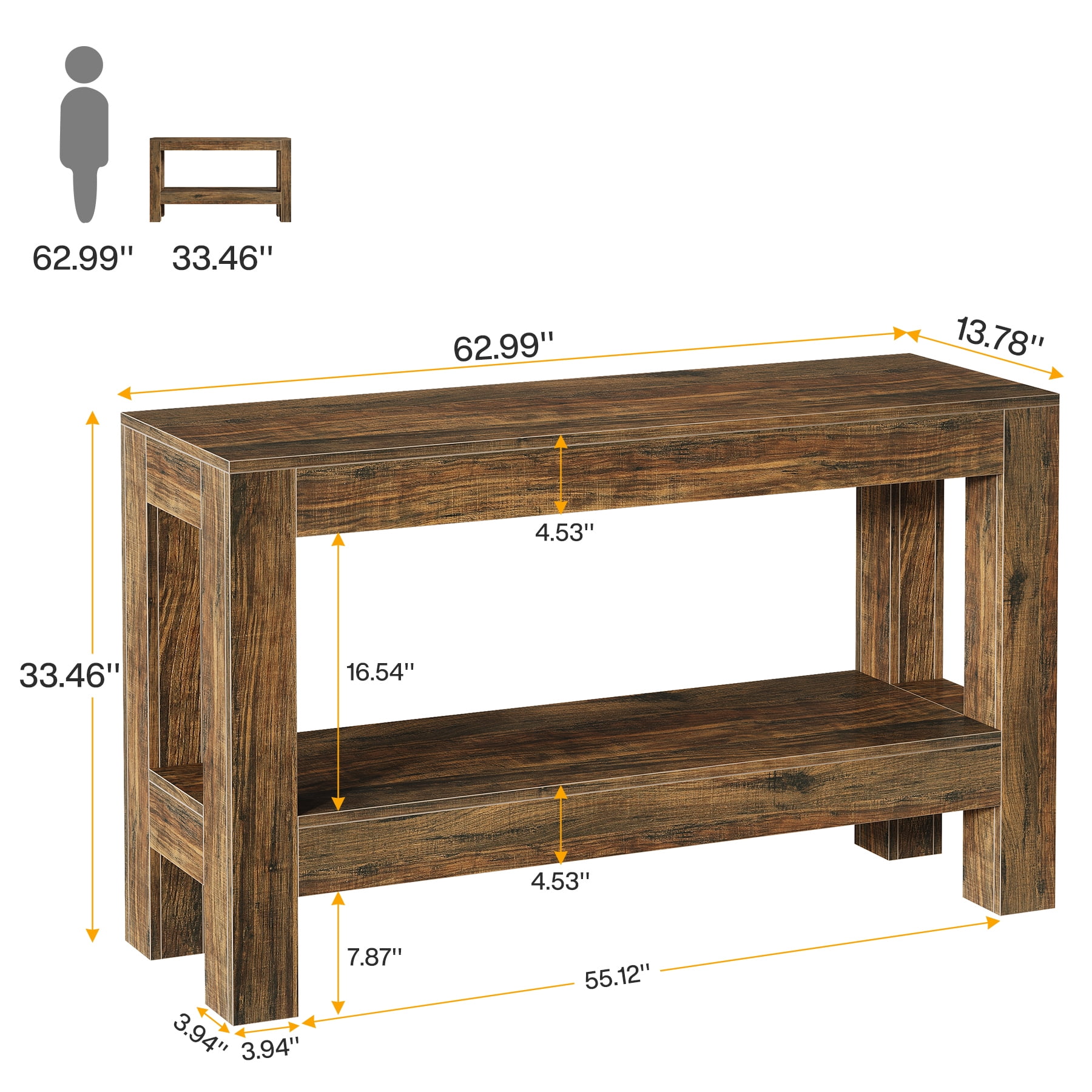Finmind 62.99'' Wood Console Table: 2-Tier Entryway Sofa Table, Stylish Farmhouse Design with Plenty of Storage Space