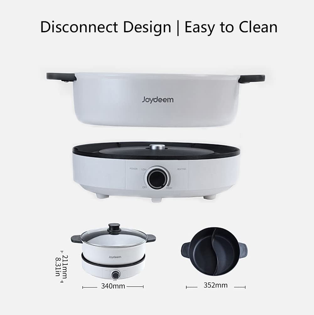 Joydeem Electric Multifunctional Hot Pot with Divider, Double Flavor Non-Stick Pot, Temperature Control, Large 5L Capacity for 6-8 People, 1500W, White