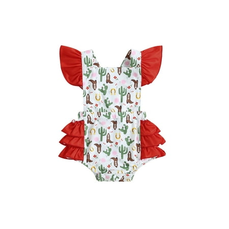 

Infant Newborn Baby Girl Layered Romper Western Clothes Cactus Print Ruffle Jumpsuit First 4th of July Onesie Sunsuit Bodysuit