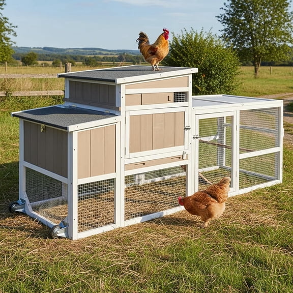Petsblublu 79" L Chicken Coop and Run, 2 Story Backyard Hen House with Nesting Box