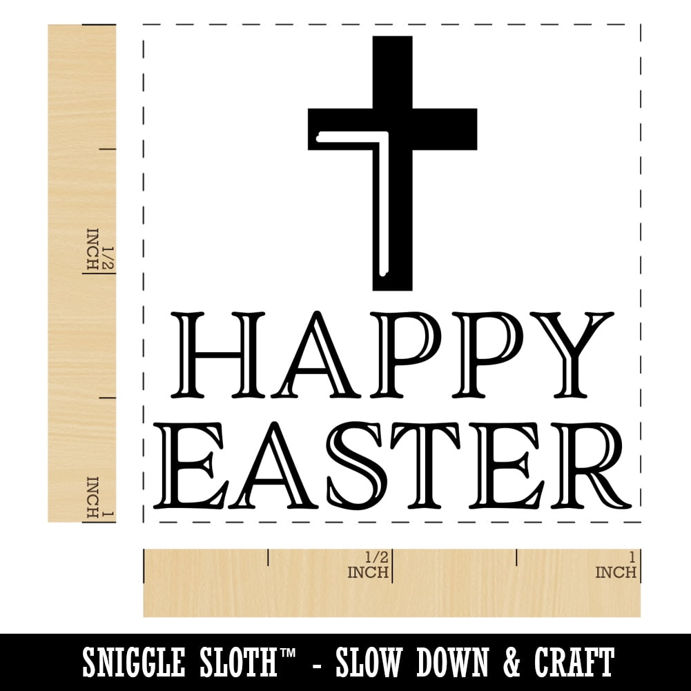 Happy Easter with Cross Self-Inking Rubber Stamp Ink Stamper - Brown Ink - Small 1 Inch