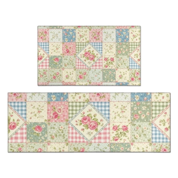 Pioneer Flower Floral Print Pattern Kitchen Rugs Sets Of 2, Anti Fatigue Non Slip Washable Floor Mats for Kitchen Sink Laundry, 17X30 Inch 17X47 Inch