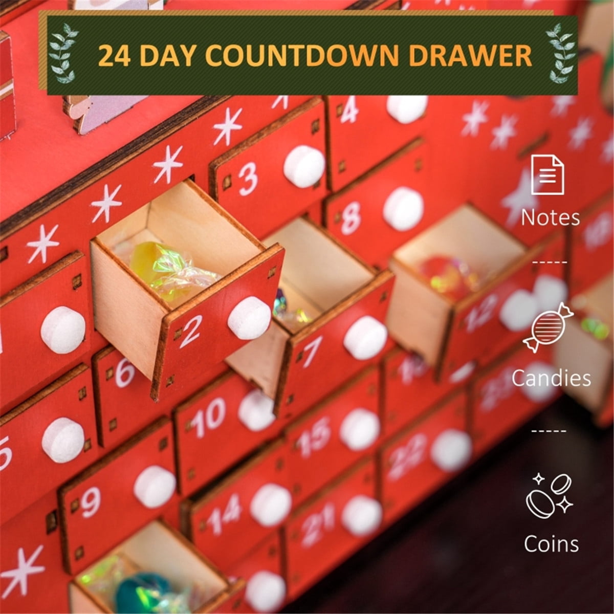 Santa Sleigh Christmas Advent Calendar 24-Day Drawer Style Countdown Decor for Desks Mantles Fireplaces Holiday Treat Storage Red