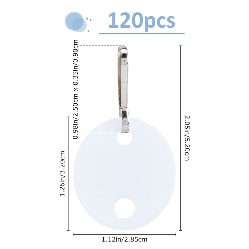 120Pcs PP Plastic Key Chain Tags with Iron Snap Hooks Double Sided Writable Tags Flat Round White 52mm