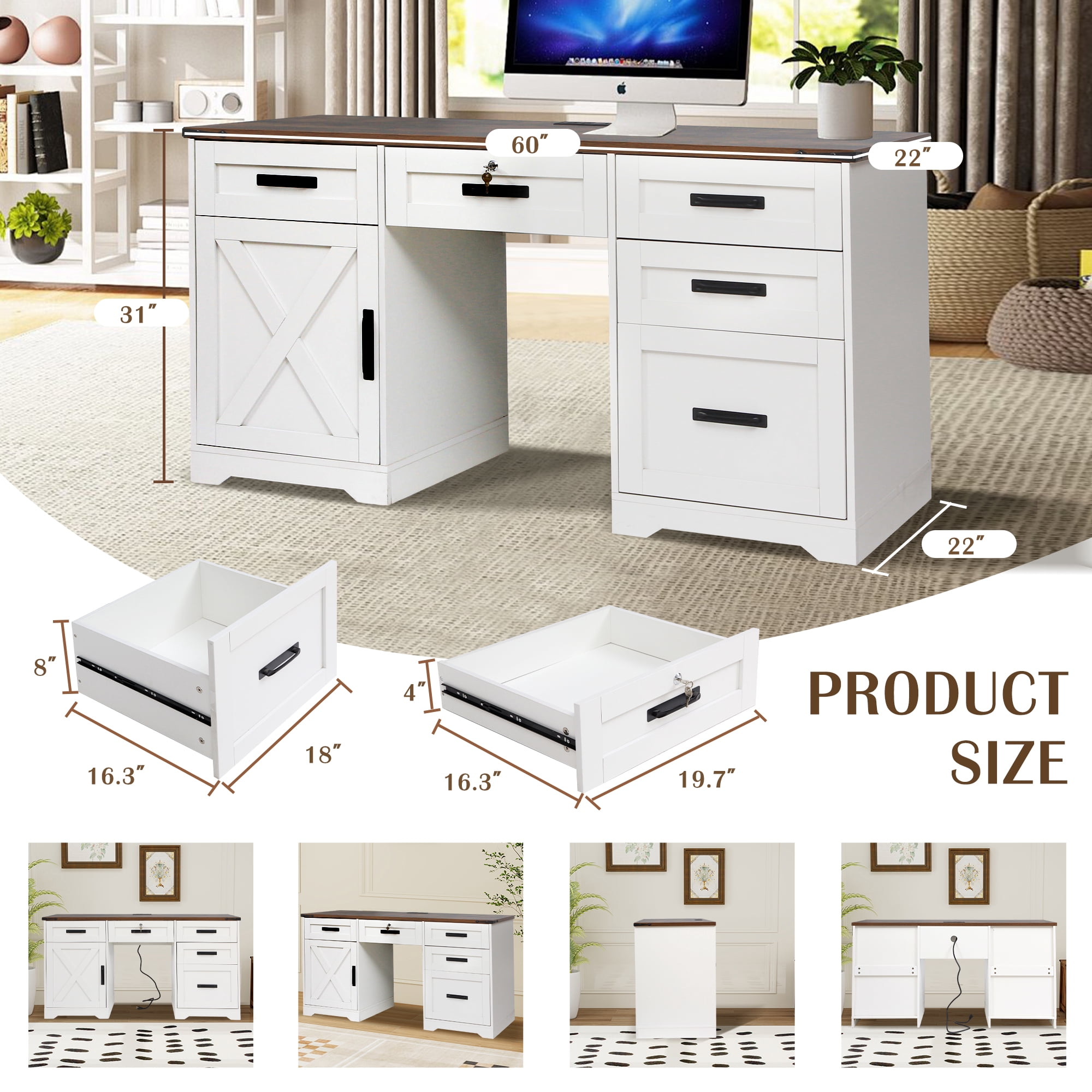 Magic Union 60" Farmhouse Executive Desk with Drawers, Wood Home Office Desk with Charging Station, Keyboard Tray, Computer Writing Desk with Filing Cabinet Drawers for Work Study, Antique White
