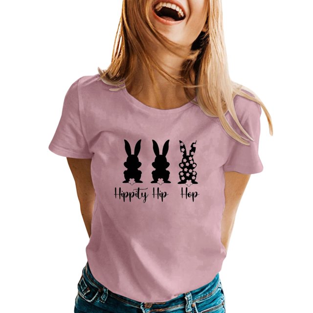 Pxiakgy Vente Chaude T-Shirts de Pâques Col Rond pour Femmes Joyeuses Pâques Lapin avec Lunettes Blouse Décontractée Graphique Printemps Hauts Colorés Tee Femmes Printemps Été Imprimé Manches Courtes Col Rond T-Shirt Haut