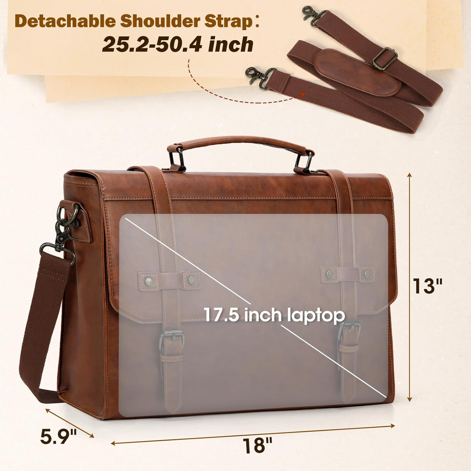 RAINSMORE Men Messenger Bag 18-inch Leather Laptop Briefcase Laptop Satchel Shoulder Bag for Office Business Travel College,Brown