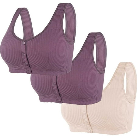 REORIAFEE Bras for Women No Underwire 3 Pack Front Closure Gathered Together Wireless Bras Solid Brassiere Comfy Wide Strap Breathable Corset Underwear Comfortable Classic Support Lingerie Beige XL