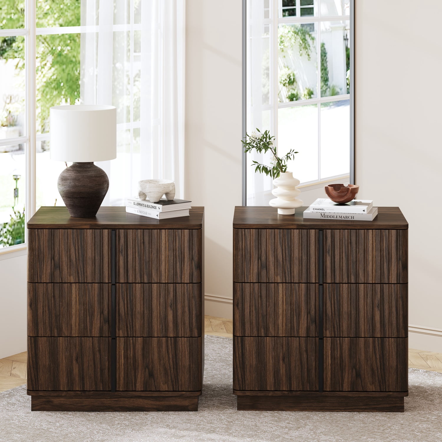Hommoo Set of 2 Vintage Vertical Stripe 3-Drawer Nightstands, MDF Bedroom Side Tables with Ample Storage, Modern Retro Design for Bedroom, Living Room & Home Office, Walnut