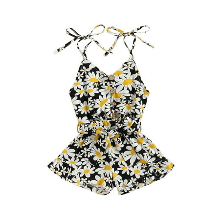 

Musuos Toddler Baby Girls Summer Romper Chrysanthemum Print Sleeveless Jumpsuit One-Piece Button Shorts Playsuit