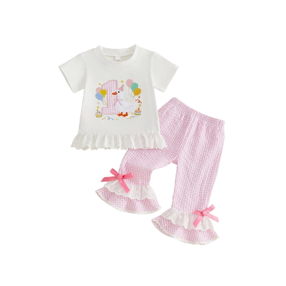 BemeyourBBs Baby Girl 1st First Birthday Outfit 1 Years Old Birthday Summer Clothes Number Goose Embroidery Short Sleeve T-shirt Plaid Flared Pants Set Toddler Girls Summer Goose Outfit