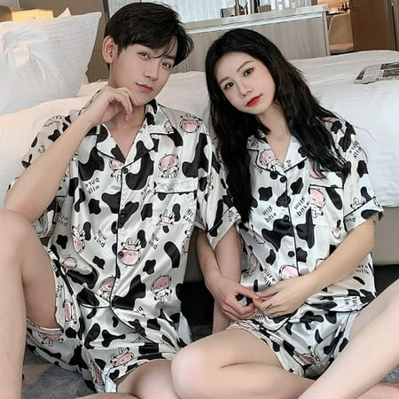 

PIKADINGNIS Young Lover Pajamas Fake Silk Women Short Sleeve Summer Man Pyjama Loose Men Couple Pijama Set Soft Sleepwear Shirt