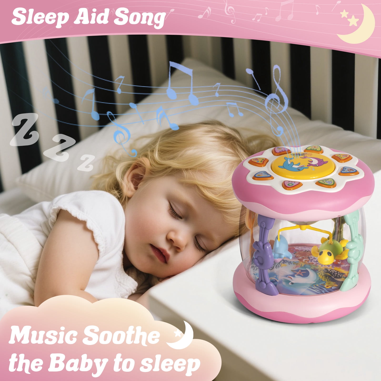 Ficcug Baby Musical Toys for 6-12 Months,Baby Light Up Rotating Ocean Projector Drums Toy for Infant Tummy Time,Learning Crawling Toys for 1 2 3 Year Old Toddler Girls Birthday Gift,Pink