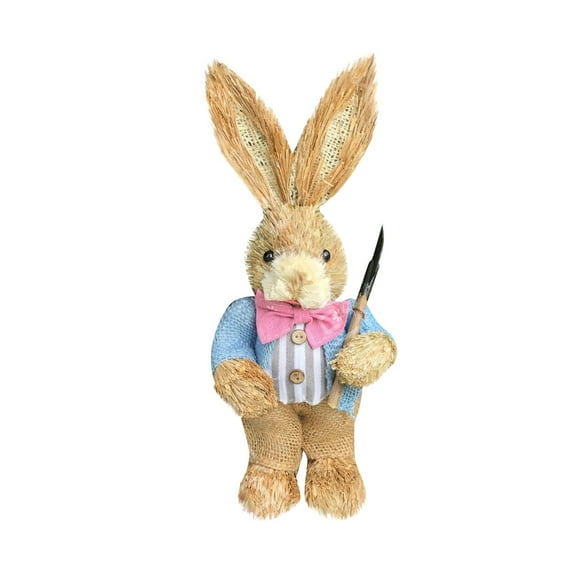 14Inch Sisal Easter Bunny Figurine with Carrot & Basket, Hand-Woven Straw Rabbit Tabletop Decoration for Spring Home Decor, Easter Party Centerpiece & s Gift