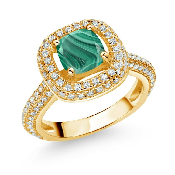 Gem Stone King 18K Yellow Gold Plated Silver Green Malachite and White Moissanite Engagement Ring for Women (2.13 Cttw, Cushion 6MM, Gemstone, Size 5)
