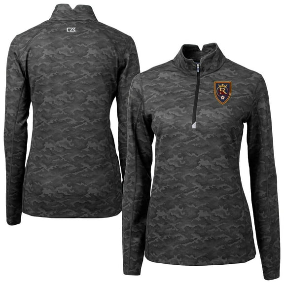 Women's-Cutter & Buck  Black Real Salt Lake Traverse Stretch Eco Camo Print Quarter-Zip Pullover Top