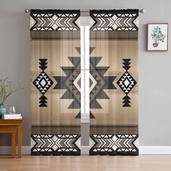 Brown Southwest Semi Sheer Curtains 72 Inch Length 2 Panels Set, Farmhouse Boho Aztec Geometric Neutral Sheer Kitchen Curtain Privacy Voile Window Curtain for Living Room Bedroom Rod Pocket Drapes