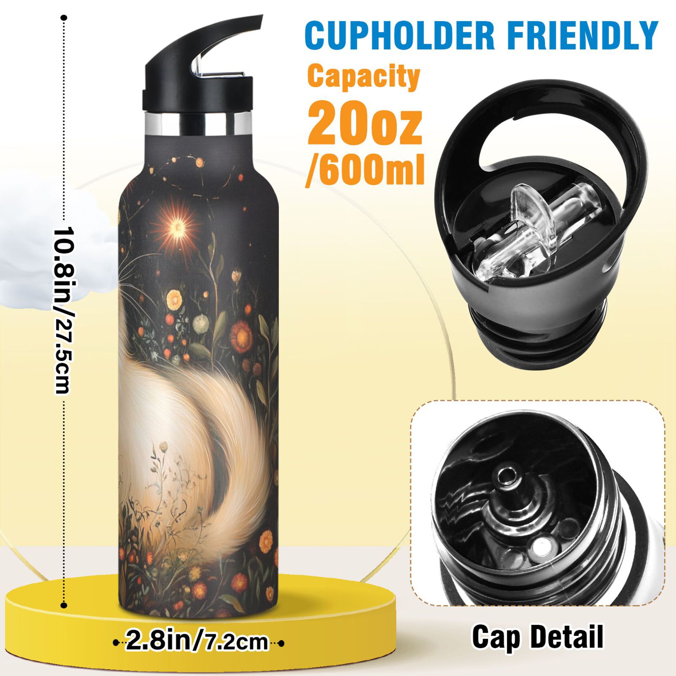 600ML Stainless Steel Insulated Cup Sports Water Bottle Portable Thermos Cup Water Glasses Insulated Tumblers Convenient and Durable Magic White Cat