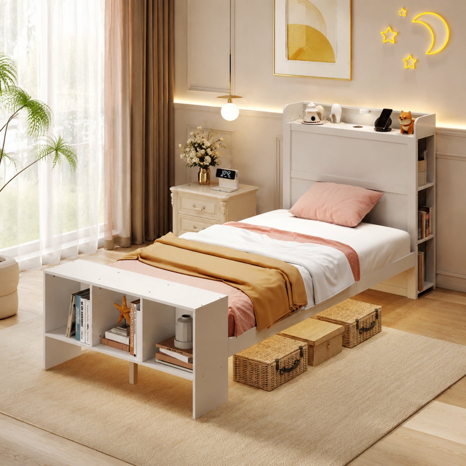 Furnibear Twin Size Bed Frame with Storage Headboard Footboard 2 USB Ports and 3 Color Adjustable LED Lights No Box Spring Needed, White