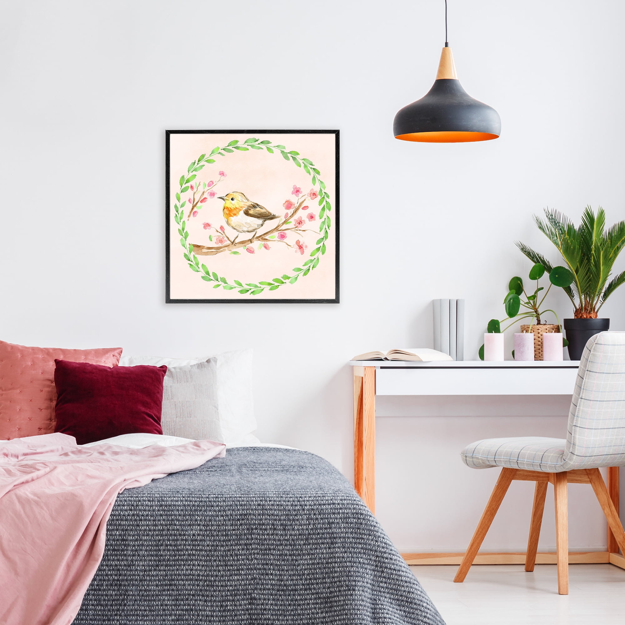 Spring Wreaths Bird Black Framed Giclee Art, design by Elena Fay