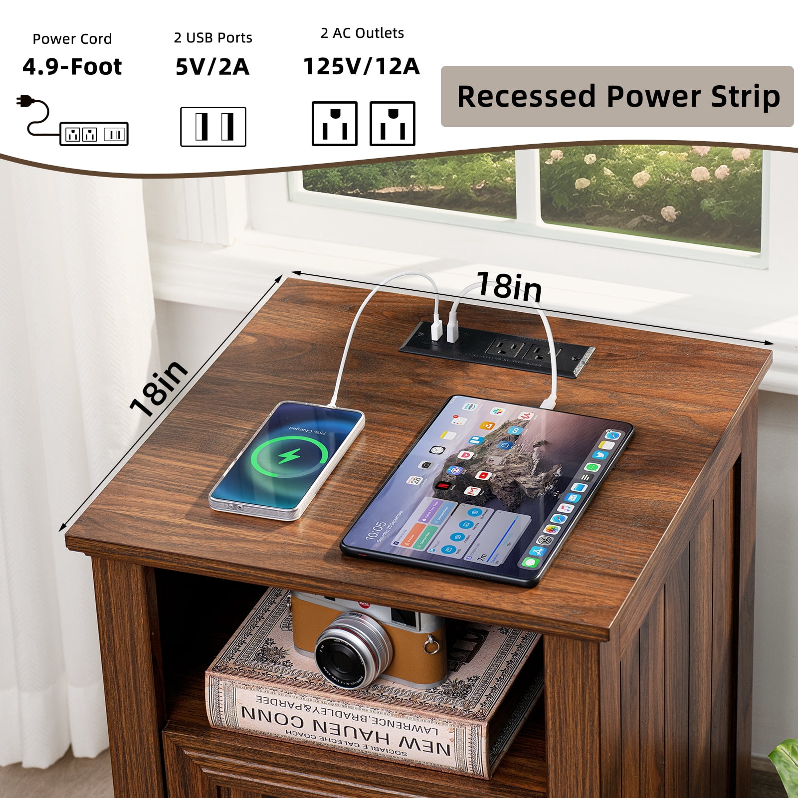 Joaxswe Nightstand with Charging Station Set of 2, Adult End Table Wooden Bedside Table with 2 Drawers for Living Room, Brown