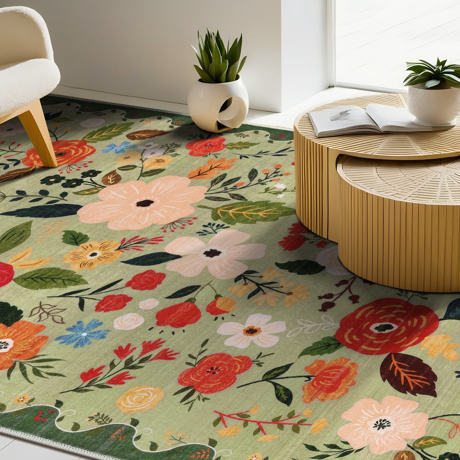 6x9 ft Living Room Area Rug Machine Washable Boho Area Rug Non Slip Floral Vintage Low Pile Large Rug for Living Room, Bedroom, Farmhouse, Dining Room, Kids Playroom