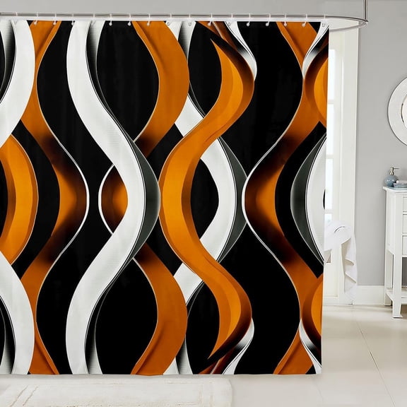 Abstract Wave Shower Curtain Black And Orange Geometric Bath Curtain for Bathroom 71x71 inches