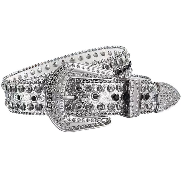 Zhuge Cinturón de diamantes de imitación para hombres y mujeres, cinturón de cuero con brillantes para vaqueros (blanco y negro)