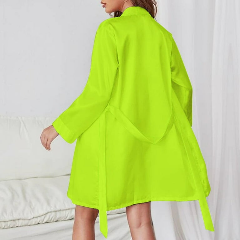 Bitter Lime Neon Green Yellow Solid Color Night Robe Long Sleeve V Neck  Robe With Belt Women's Sleepwear Dresses - Walmart.com