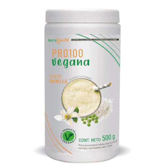 Proteína Vegana sabor Vainilla. Sin azúcar. Fácil digestión. Ideal hombres y mujeres. 500 g - 17 porciones. Nutrasien100 1 bote de 500 g con cuchara medidora