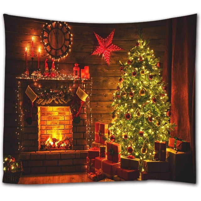 Tapiz de pared de Navidad, árbol de Navidad, chimenea, regalos en la noche, tapiz de pared para fotografía de vacaciones, decoración de pared de Año Nuevo para dormitorio (60 x 50 pulgadas) JAMW Sencillez