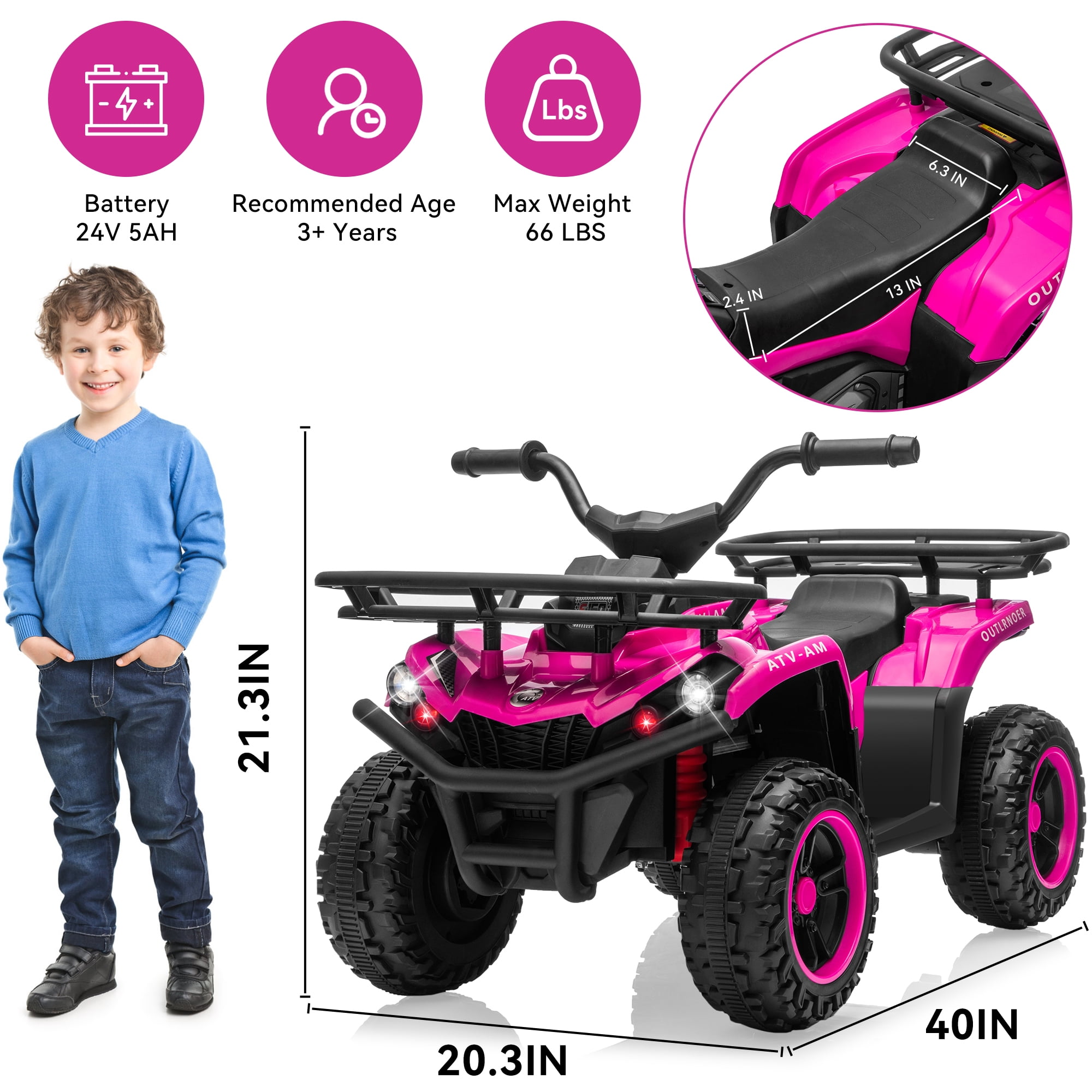 FestiveGlow 24V Kids ATV,Electric ATV for Kids 4 Wheelers Quad Car Toy, Ride On Toy Car As Gift for Kids,Pink