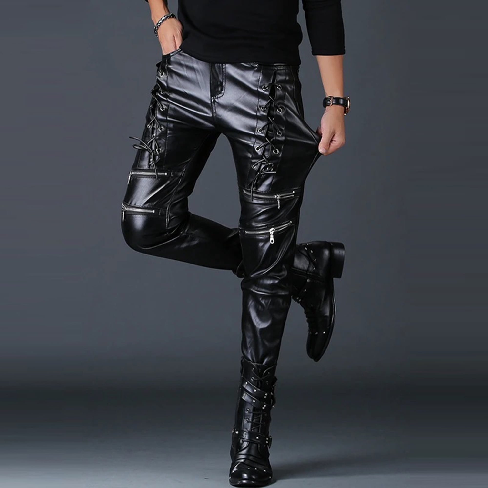 Men's Black Faux Leather Pants Shiny PU Side Lace-Up Punk Style Tight Leg Trousers